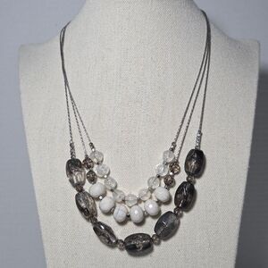 LOFT Three Strand Beaded Necklace Smoky Gray Milky Faceted Silver Tone